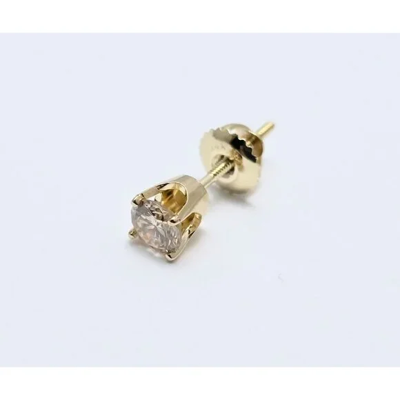 Single 14K Solid Yellow Gold Designer Round Diamond Screw Back Stud Earring